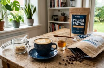 Latte with latte art in a blue cup on a saucer next to a collagen/MCT jar and FitnessNord Coffee Protein bags with coffee beans on a wooden table in a bright kitchen.